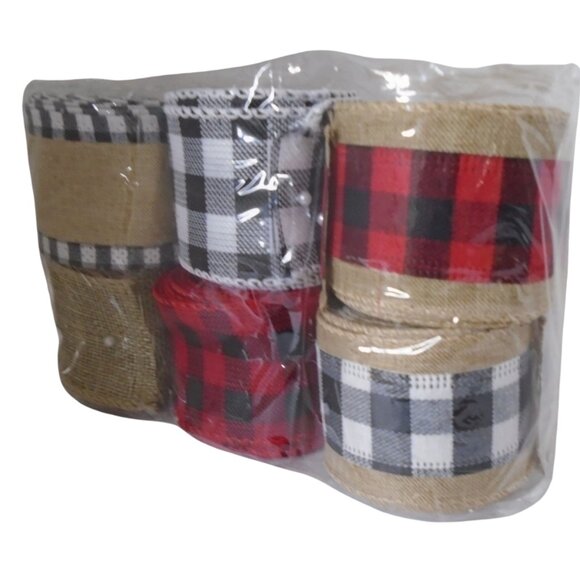 Christmas Buffalo Plaid Burlap Wired Ribbon 6 Rolls 2" Wide 5 Yards Each 3518 - Picture 2 of 5